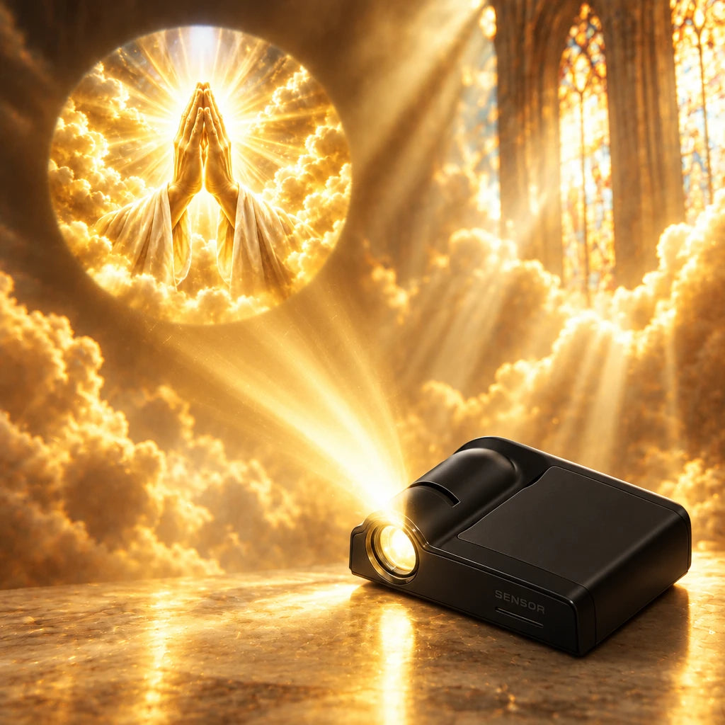 Holy Beam praying hands door light projection